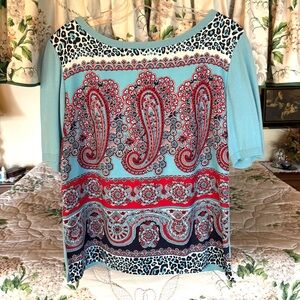 Talbots Turquoise Paisley Print w/ Leopard Trim Short Sleeve Sweater Top. Size S
